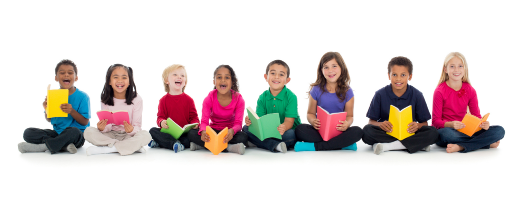 Children happily reading colorful books together, showing how funny books for children can create joy and reading motivation.